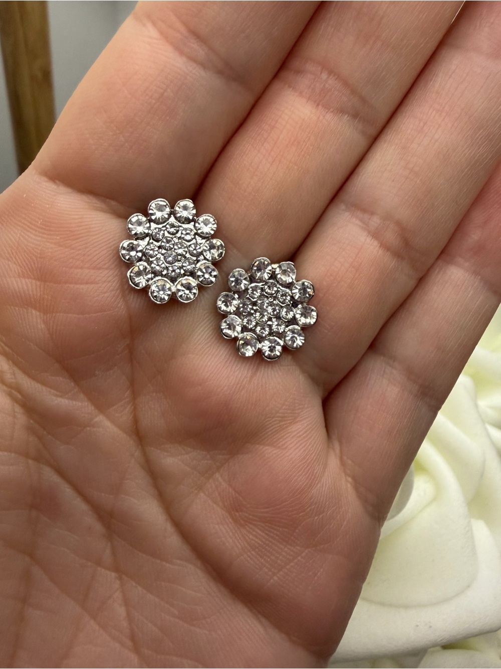 Crystal Floral Cluster Stud Earrings - Silver Tone